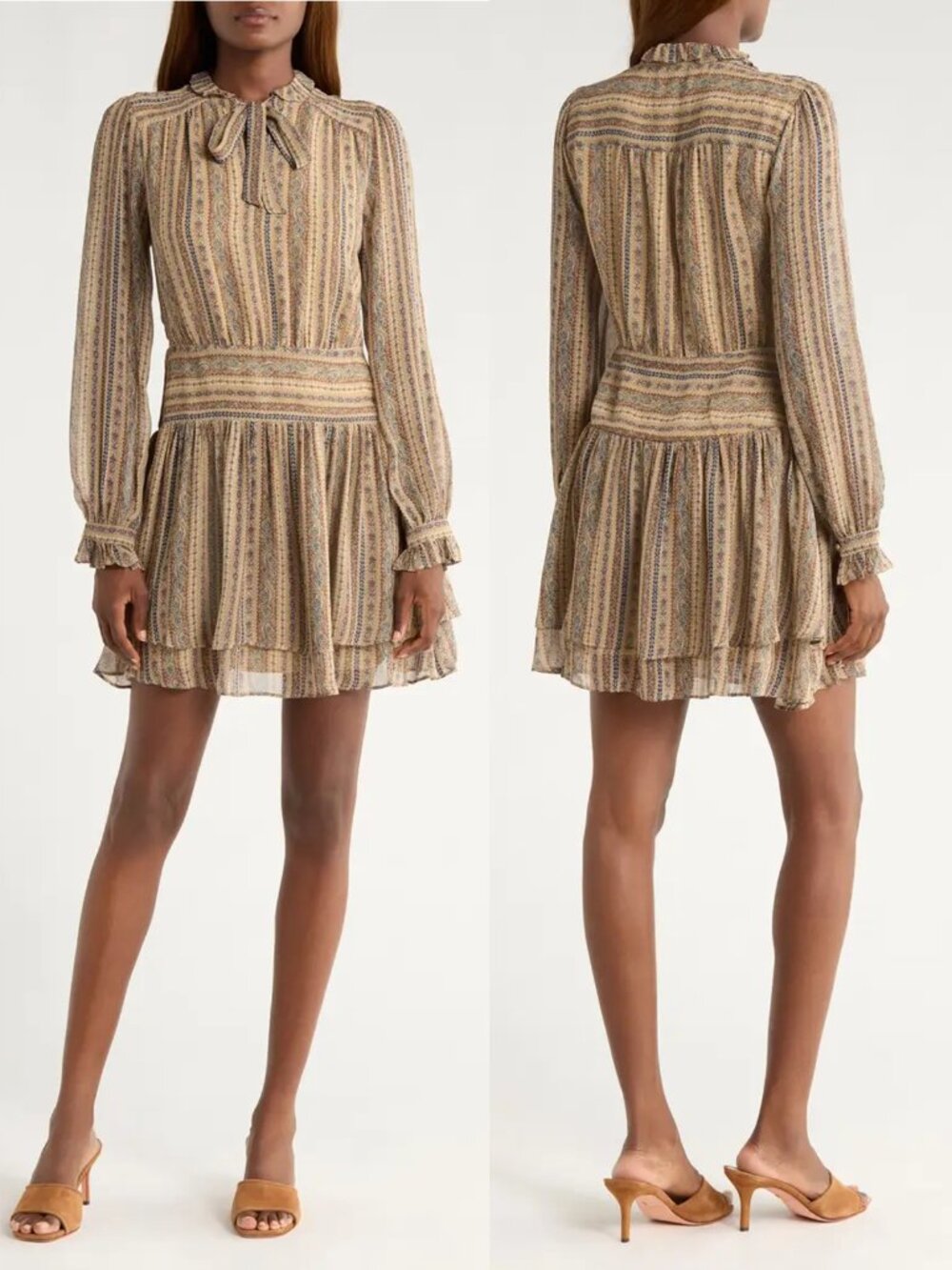 NWT New Nantes Mixed Print Long Sleeve Silk Chiffon Dress In Brown Multi Size 00